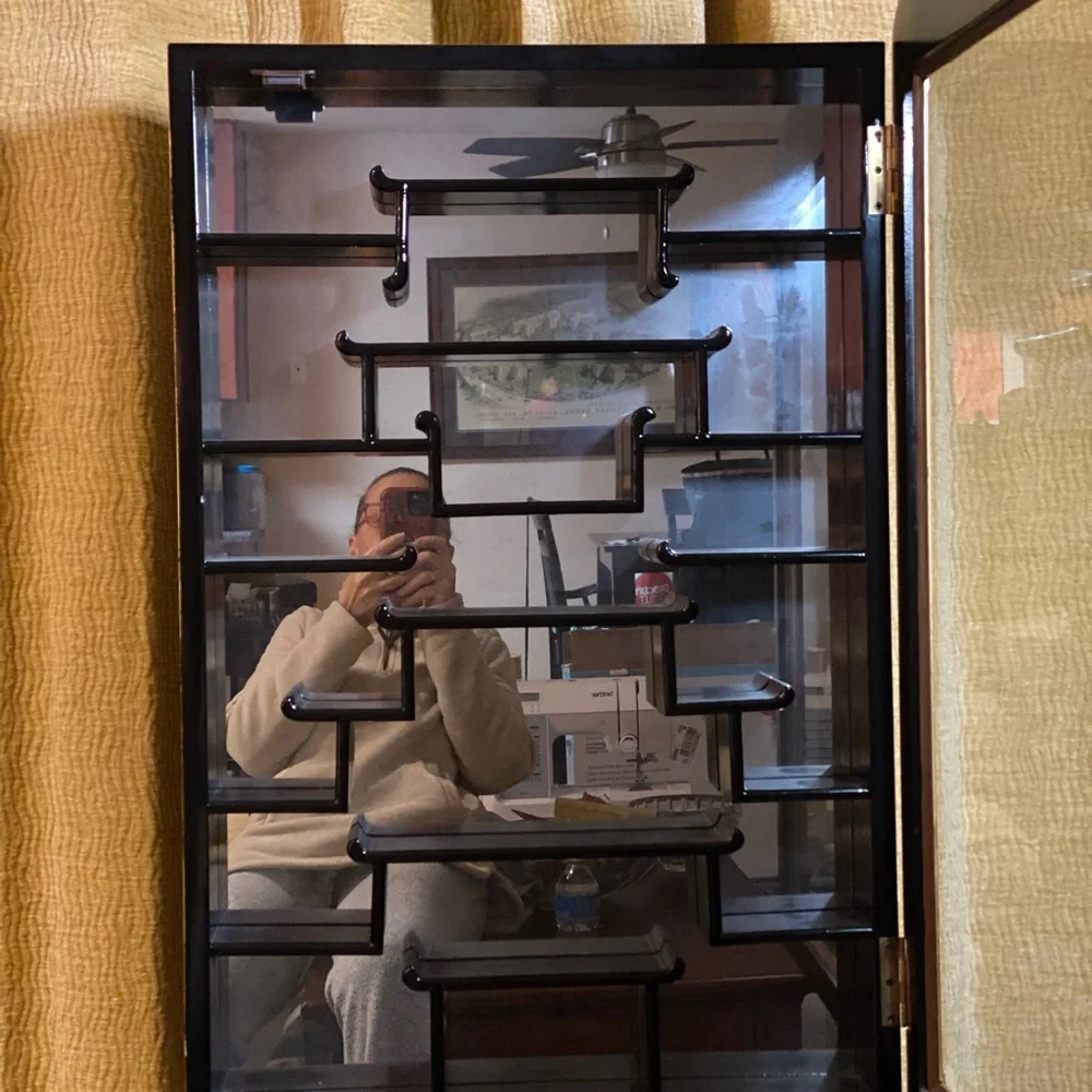 Elegant Black and Gold Wall Display Cabinet. Asian style decorated